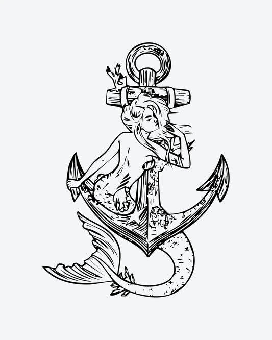 Mermaid Ancho semi-permanent tattoo design by INKY – Anchor, Lines, Hand, Mermaid, Sea illustration, 3 x 4 in (7x10 cm), available at inkytatt.com