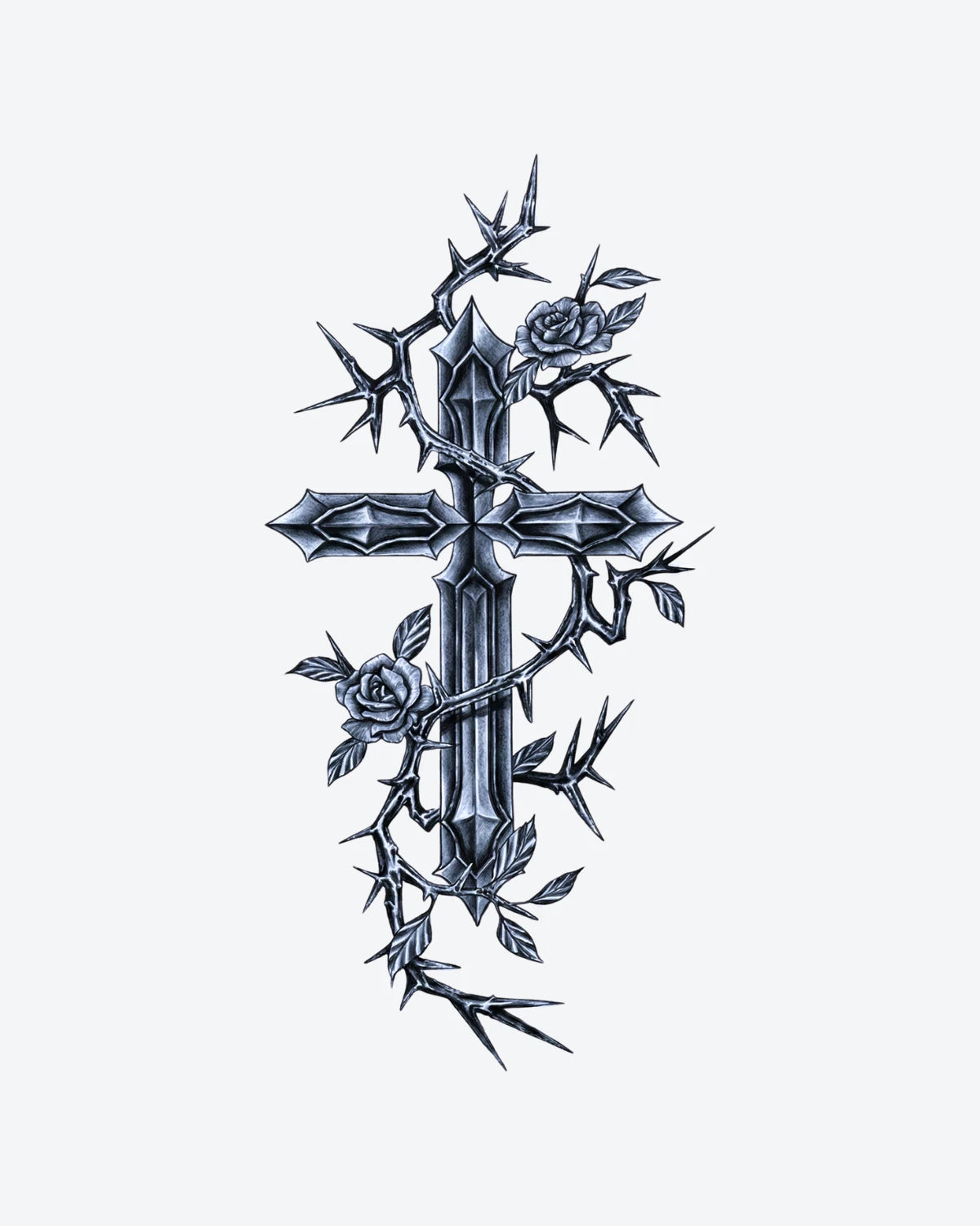 Gothic Cross semi-permanent tattoo design by INKY – Rose, Leaves, Cross, Branches illustration, 2 x 4 in (6x10 cm), available at inkytatt.com