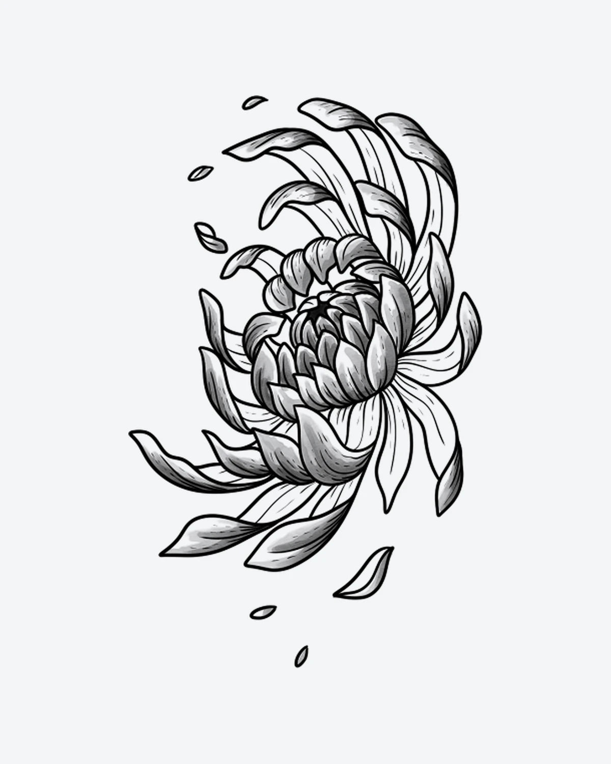 Kiku Bloom semi-permanent tattoo design by INKY – Flower, Petal illustration, 2 x 4 in (6x10 cm), available at inkytatt.com