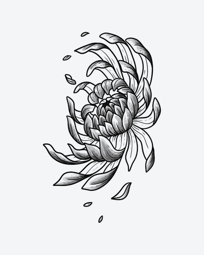 Kiku Bloom semi-permanent tattoo design by INKY – Flower, Petal illustration, 2 x 4 in (6x10 cm), available at inkytatt.com