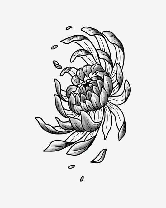 Kiku Bloom semi-permanent tattoo design by INKY – Flower, Petal illustration, 2 x 4 in (6x10 cm), available at inkytatt.com