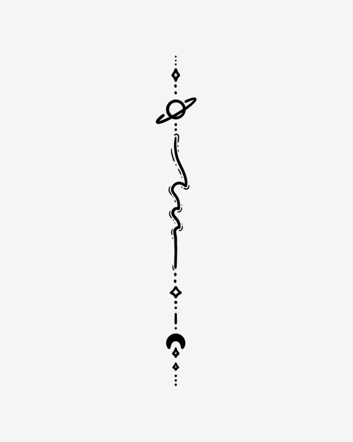 Planet Moon semi-permanent tattoo design by INKY – Crescent Moon, Fine Line, Planet, Saturn, Diamond illustration, 2 x 4 in (6x10 cm), available at inkytatt.com