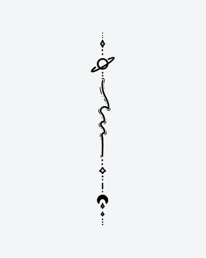 Planet Moon semi-permanent tattoo design by INKY – Crescent Moon, Fine Line, Planet, Saturn, Diamond illustration, 2 x 4 in (6x10 cm), available at inkytatt.com