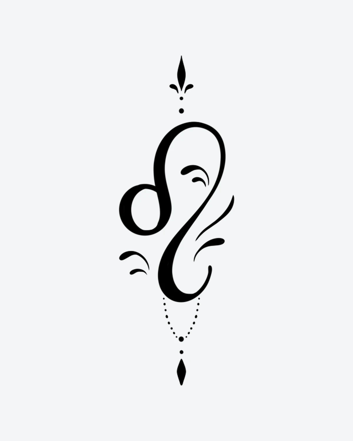 Elegant Leo semi-permanent tattoo design by INKY – Fine Line, Chain, Leo illustration, 2 x 2 in (4x4 cm), available at inkytatt.com