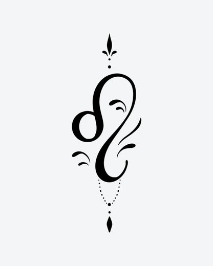 Elegant Leo semi-permanent tattoo design by INKY – Fine Line, Chain, Leo illustration, 2 x 2 in (4x4 cm), available at inkytatt.com
