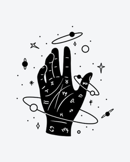 Zodiac Palm semi-permanent tattoo design by INKY – Star, Planet, Galaxy, Dots, Hand illustration, 3 x 3 in (7x7 cm), available at inkytatt.com