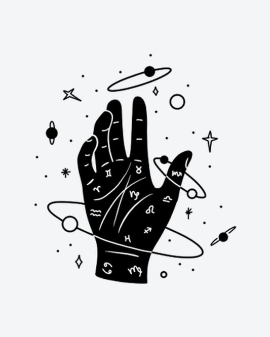 Zodiac Palm semi-permanent tattoo design by INKY – Star, Planet, Galaxy, Dots, Hand illustration, 3 x 3 in (7x7 cm), available at inkytatt.com
