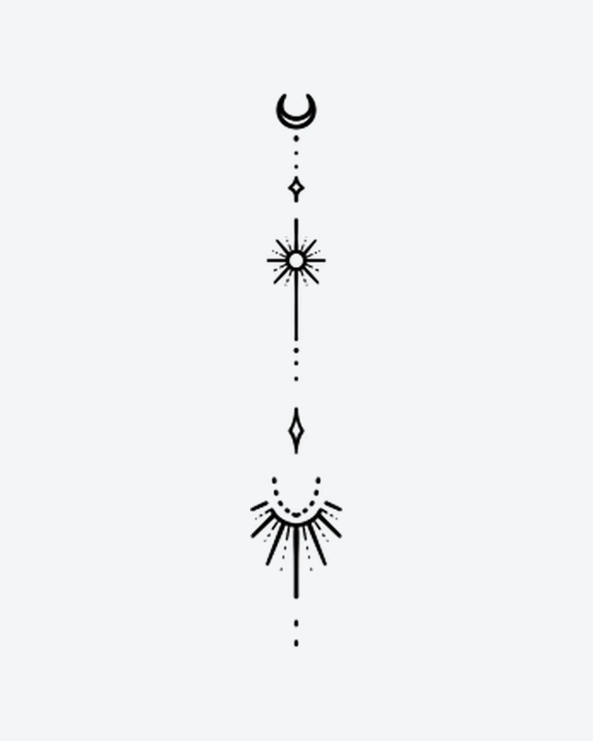 Cosmic Trail semi-permanent tattoo design by INKY – Crescent Moon, Fine Line, Sun, Star, Geometric illustration, 2 x 4 in (6x10 cm), available at inkytatt.com