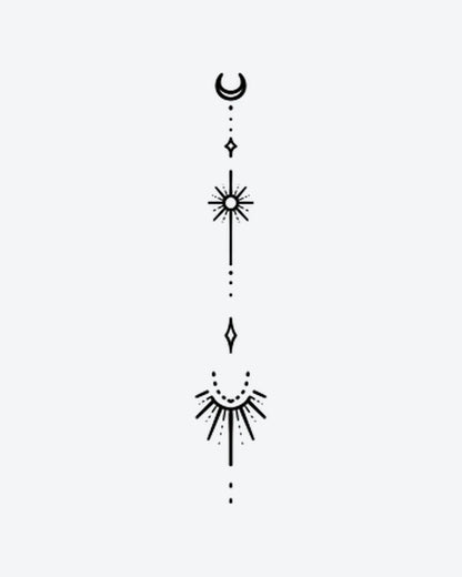 Cosmic Trail semi-permanent tattoo design by INKY – Crescent Moon, Fine Line, Sun, Star, Geometric illustration, 2 x 4 in (6x10 cm), available at inkytatt.com