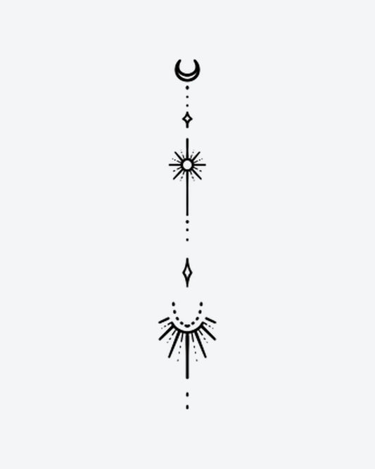 Cosmic Trail semi-permanent tattoo design by INKY – Crescent Moon, Fine Line, Sun, Star, Geometric illustration, 2 x 4 in (6x10 cm), available at inkytatt.com
