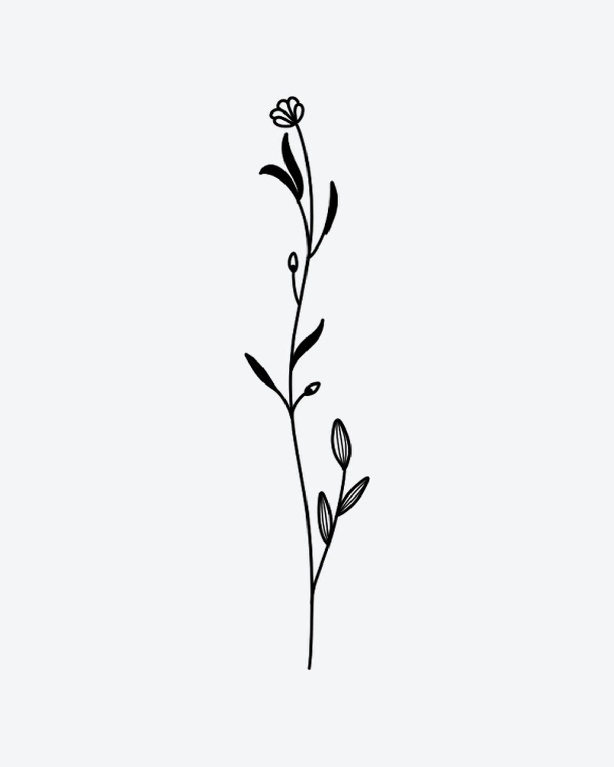 Slender stem semi-permanent tattoo design by INKY – Fine Line, Flower, Leaves, Bud, Stem illustration, 2 x 4 in (6x10 cm), available at inkytatt.com