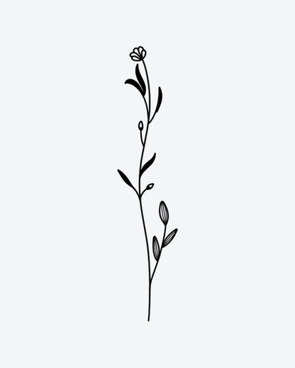 Slender stem semi-permanent tattoo design by INKY – Fine Line, Flower, Leaves, Bud, Stem illustration, 2 x 4 in (6x10 cm), available at inkytatt.com