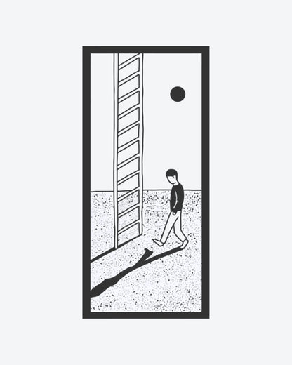 Walk Away semi-permanent tattoo design by INKY – Sun, Moon, Circle, Frame, Ladder illustration, 2 x 4 in (6x10 cm), available at inkytatt.com