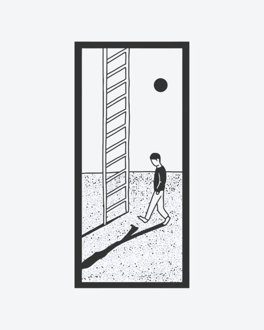 Walk Away semi-permanent tattoo design by INKY – Sun, Moon, Circle, Frame, Ladder illustration, 2 x 4 in (6x10 cm), available at inkytatt.com