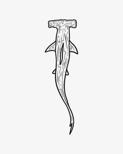 Hammerhead 2 semi-permanent tattoo design by INKY – Shark illustration, 2 x 4 in (6x10 cm), available at inkytatt.com