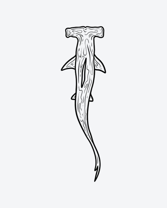 Hammerhead 2 semi-permanent tattoo design by INKY – Shark illustration, 2 x 4 in (6x10 cm), available at inkytatt.com