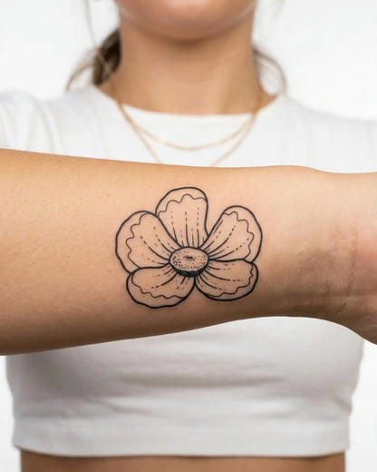 INKY Bloom Art semi-permanent tattoo applied on a woman – 2 x 2 in (4x4 cm) design, realistic ink look, lasts 10 days