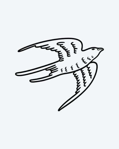 Flying Bird 2 semi-permanent tattoo design by INKY – Fine Line, Bird, Feather, Wings illustration, 2 x 2 in (4x4 cm), available at inkytatt.com