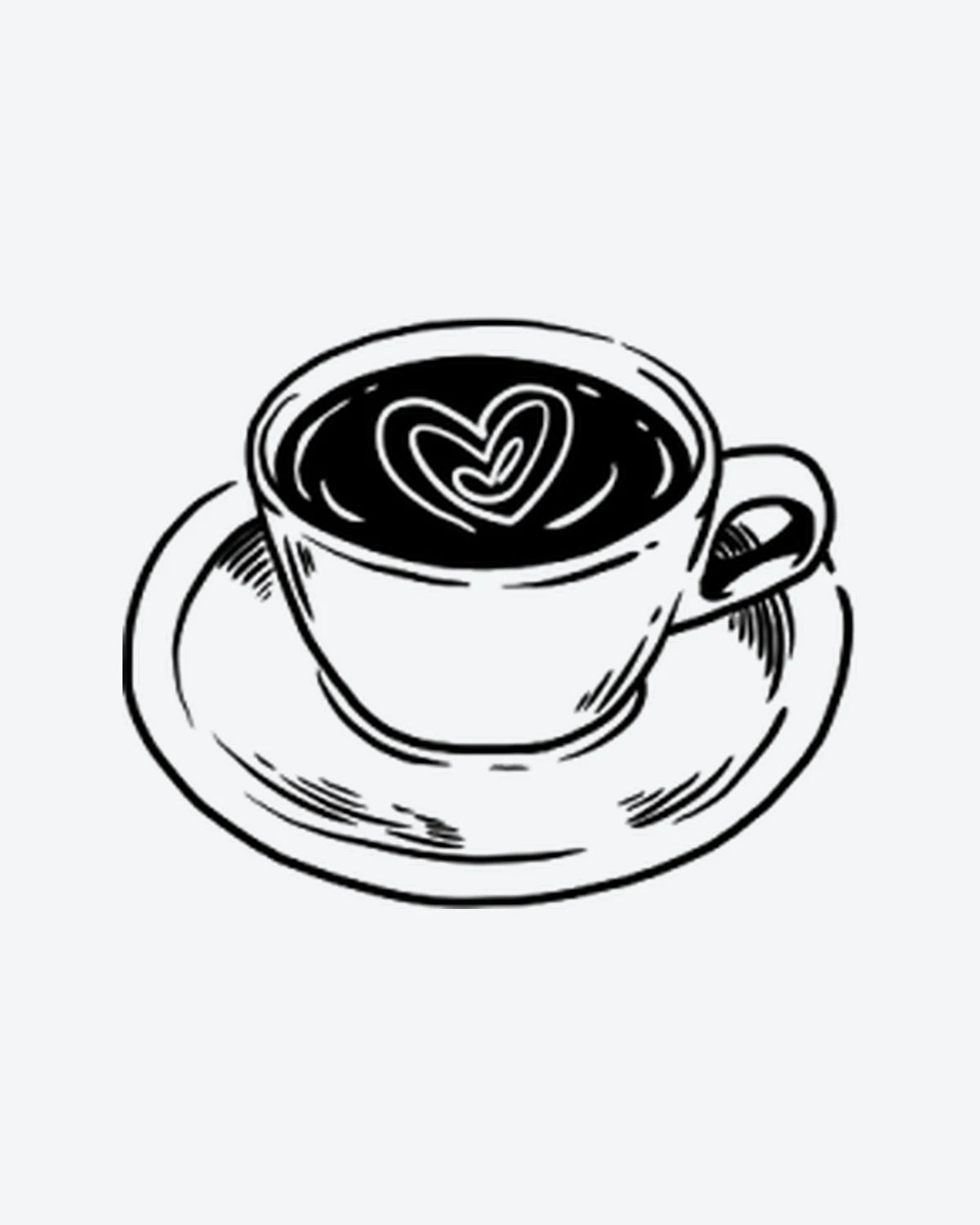Latte Love semi-permanent tattoo design by INKY – Line Art, Heart, Hand illustration, 2 x 2 in (4x4 cm), available at inkytatt.com