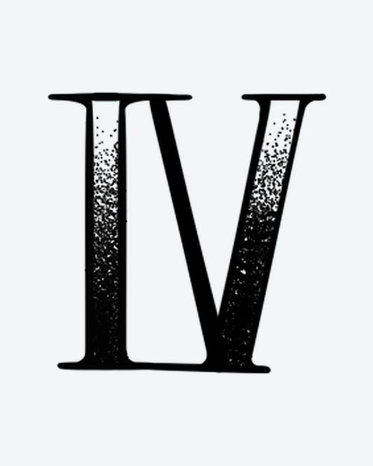 Distressed 4 semi-permanent tattoo design by INKY – Roman Numeral, Dotwork illustration, 0.5 x 0.5 in (1x1 cm), available at inkytatt.com