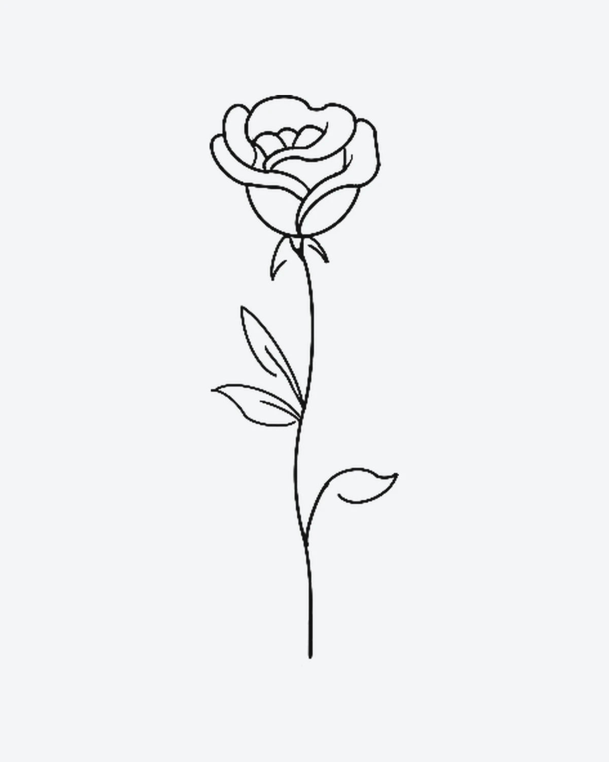Rose Bloom semi-permanent tattoo design by INKY – Line Art, Fine Line, Rose, Leaves, Bloom illustration, 0.5 x 0.5 in (1x1 cm), available at inkytatt.com
