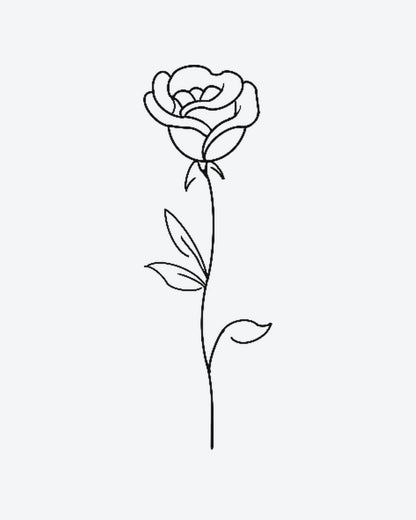 Rose Bloom semi-permanent tattoo design by INKY – Line Art, Fine Line, Rose, Leaves, Bloom illustration, 0.5 x 0.5 in (1x1 cm), available at inkytatt.com