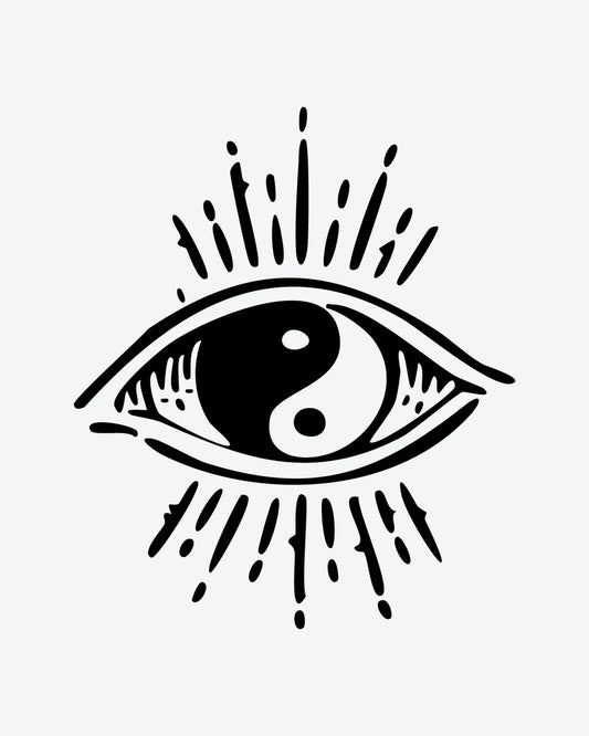 Yin Yang Eye semi-permanent tattoo design by INKY – Eye, Lines, Hand illustration, 2 x 2 in (4x4 cm), available at inkytatt.com