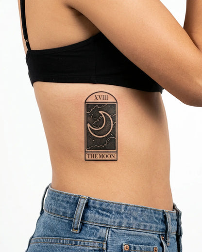 INKY Moon Card semi-permanent tattoo applied on a woman – 2 x 4 in (6x10 cm) design, realistic ink look, lasts 10 days