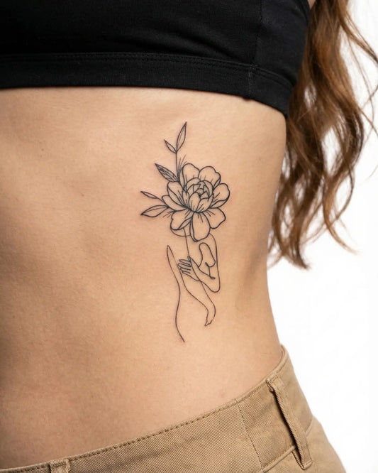 INKY Floral Embrac semi-permanent tattoo applied on a woman – 2 x 4 in (6x10 cm) design, realistic ink look, lasts 10 days