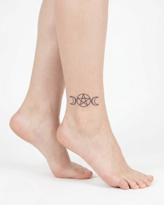 INKY Triple Moon 3 semi-permanent tattoo applied on a woman – 2 x 2 in (4x4 cm) design, realistic ink look, lasts 10 days