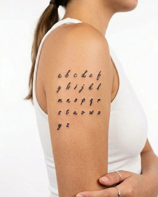 INKY ABC Script semi-permanent tattoo applied on a woman – 3 x 3 in (7x7 cm) design, realistic ink look, lasts 10 days