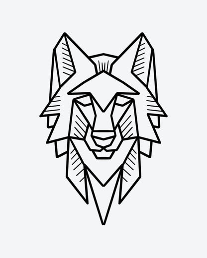 Geo Wolf semi-permanent tattoo design by INKY – Wolf, Geometric, Lines, Face illustration, 3 x 3 in (7x7 cm), available at inkytatt.com