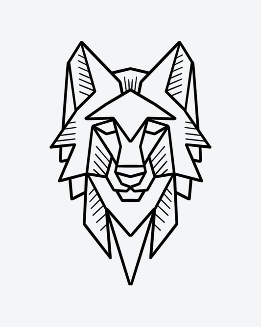 Geo Wolf semi-permanent tattoo design by INKY – Wolf, Geometric, Lines, Face illustration, 3 x 3 in (7x7 cm), available at inkytatt.com