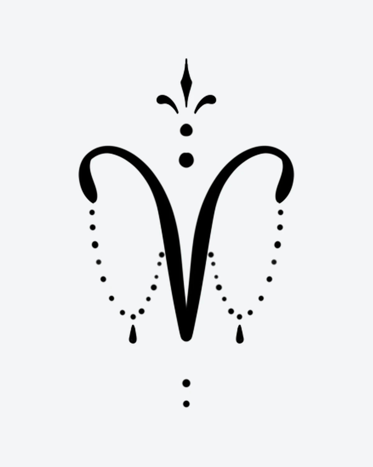 Aries Charm 2 semi-permanent tattoo design by INKY – Fine Line, Chain, Dotwork, Aries, Horn illustration, 0.5 x 0.5 in (1x1 cm), available at inkytatt.com