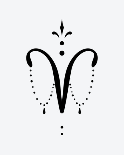 Aries Charm 2 semi-permanent tattoo design by INKY – Fine Line, Chain, Dotwork, Aries, Horn illustration, 0.5 x 0.5 in (1x1 cm), available at inkytatt.com