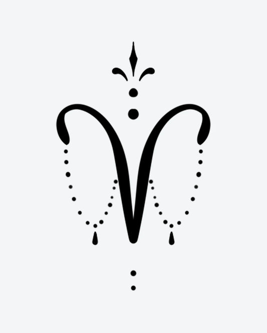 Aries Charm 2 semi-permanent tattoo design by INKY – Fine Line, Chain, Dotwork, Aries, Horn illustration, 0.5 x 0.5 in (1x1 cm), available at inkytatt.com