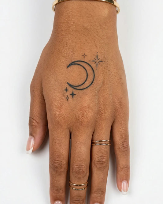 INKY Celestial semi-permanent tattoo applied on a woman – 2 x 2 in (4x4 cm) design, realistic ink look, lasts 10 days