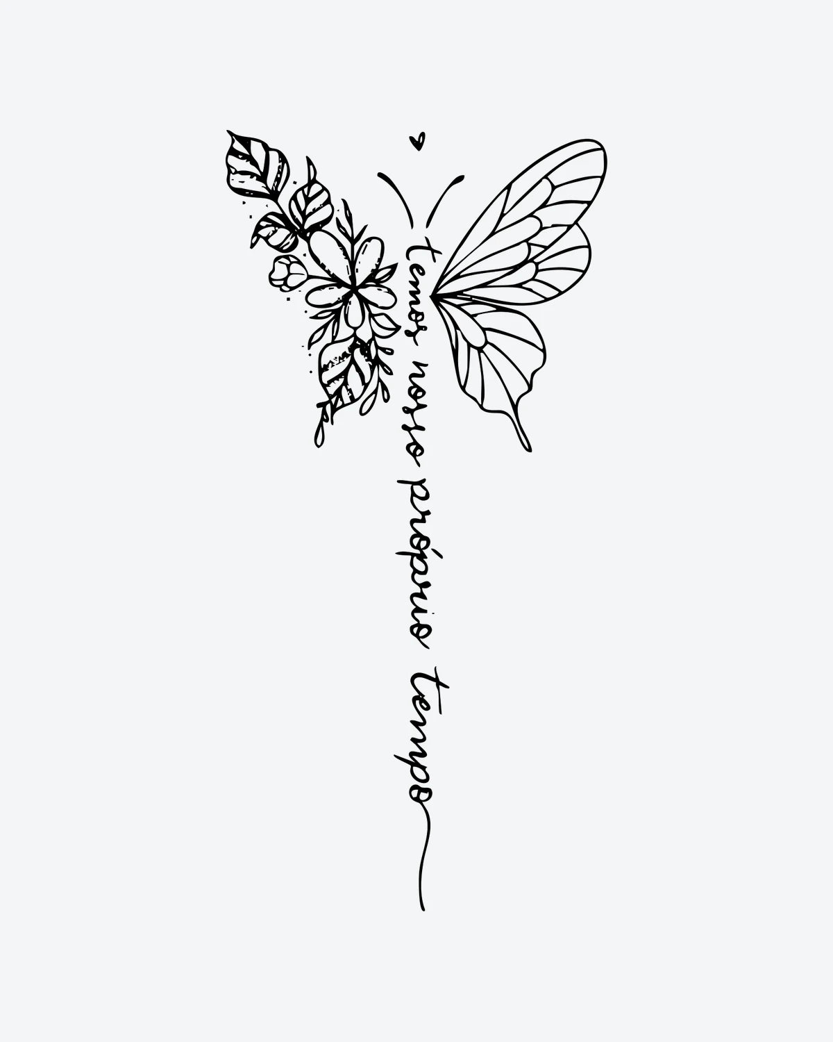 TimeFly semi-permanent tattoo design by INKY – Fine Line, Leaves, Butterfly, Heart, Dotwork illustration, 4 x 7 in (10x17 cm), available at inkytatt.com