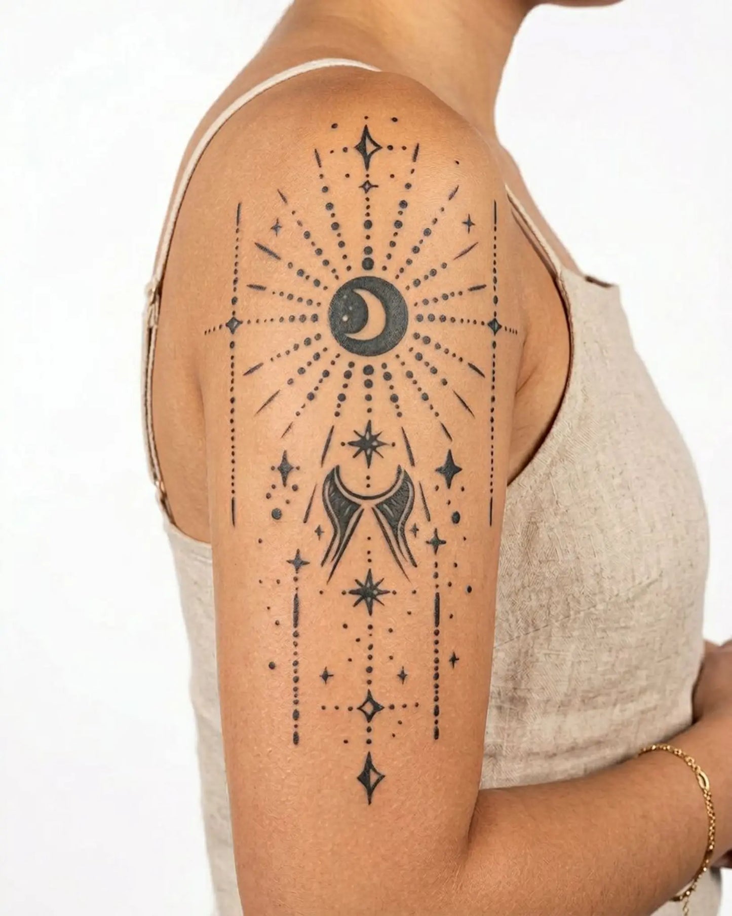 INKY Mystic Sky semi-permanent tattoo applied on a woman – 4 x 7 in (10x17 cm) design, realistic ink look, lasts 10 days