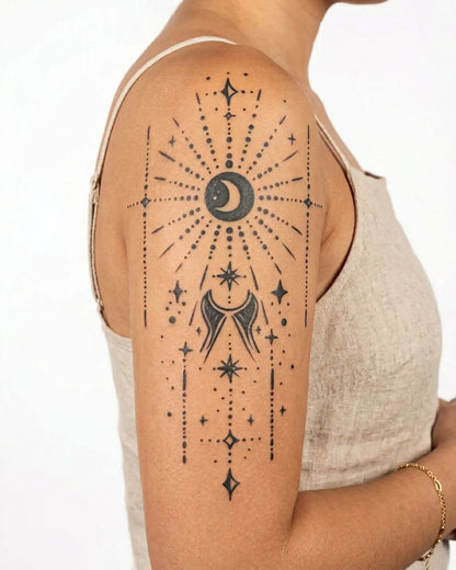 INKY Mystic Sky semi-permanent tattoo applied on a woman – 4 x 7 in (10x17 cm) design, realistic ink look, lasts 10 days