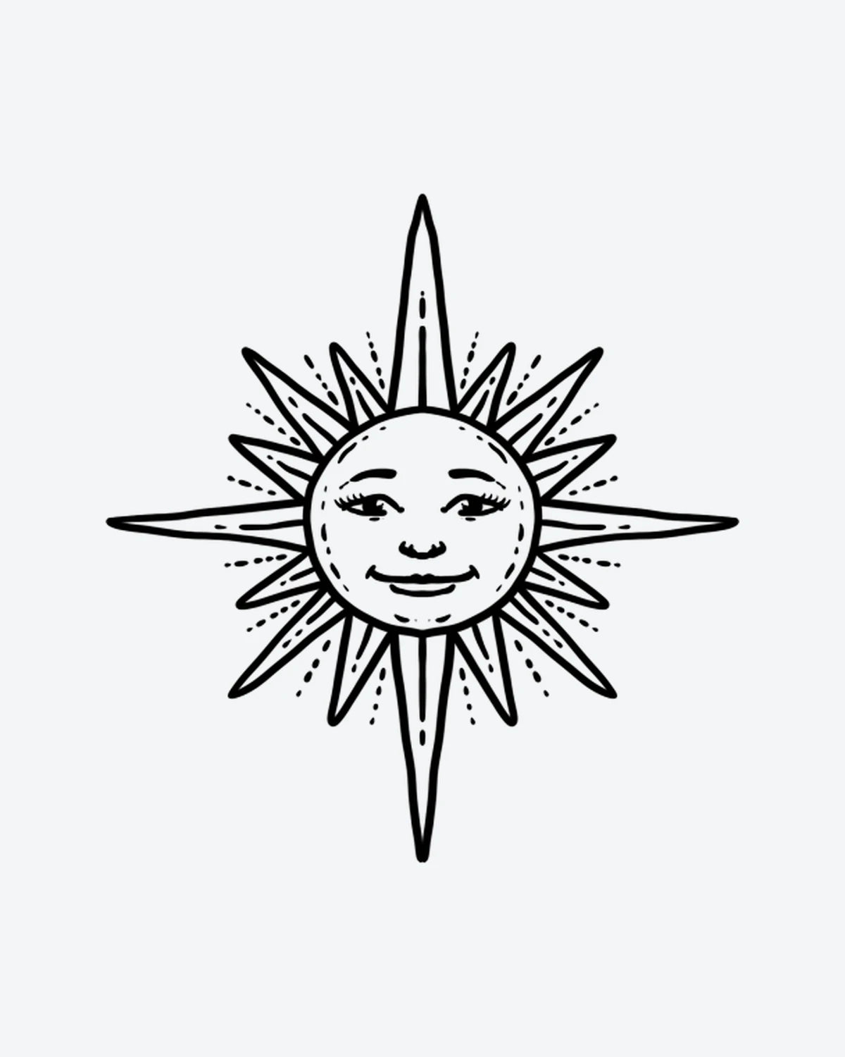 Smiling Sun semi-permanent tattoo design by INKY – Sun, Eye, Face illustration, 2 x 2 in (4x4 cm), available at inkytatt.com