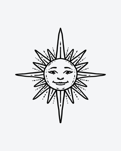 Smiling Sun semi-permanent tattoo design by INKY – Sun, Eye, Face illustration, 2 x 2 in (4x4 cm), available at inkytatt.com