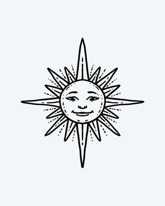 Smiling Sun semi-permanent tattoo design by INKY – Sun, Eye, Face illustration, 2 x 2 in (4x4 cm), available at inkytatt.com