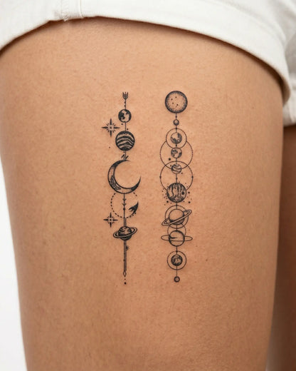 INKY Cosmic Line 2 semi-permanent tattoo applied on a woman – 3 x 4 in (7x10 cm) design, realistic ink look, lasts 10 days