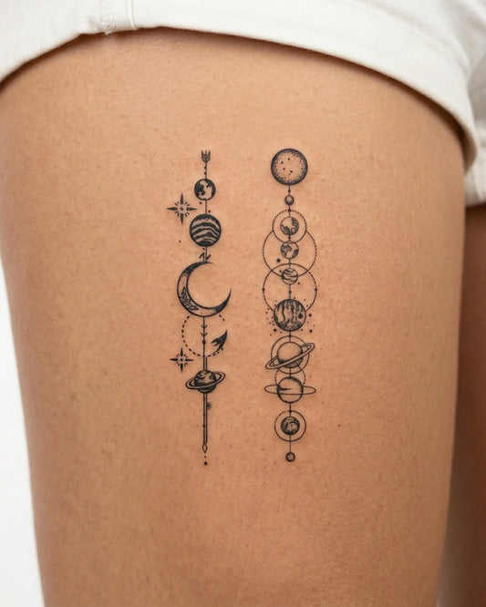 INKY Cosmic Line 2 semi-permanent tattoo applied on a woman – 3 x 4 in (7x10 cm) design, realistic ink look, lasts 10 days