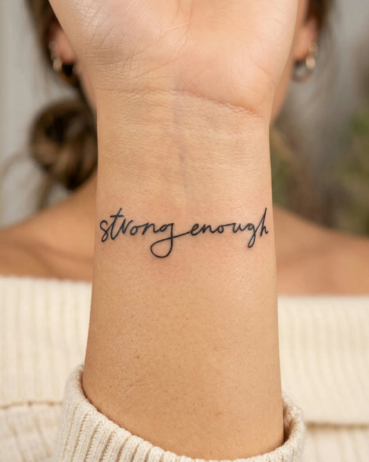 INKY StrongEnough semi-permanent tattoo applied on a woman – 2 x 2 in (4x4 cm) design, realistic ink look, lasts 10 days