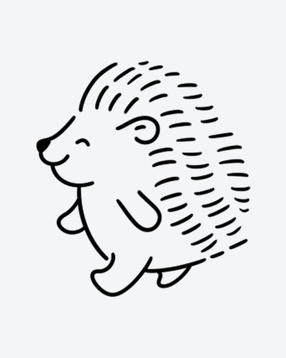 Happy Hedgy semi-permanent tattoo design by INKY – Fine Line, Face, Hedgehog illustration, 2 x 2 in (4x4 cm), available at inkytatt.com