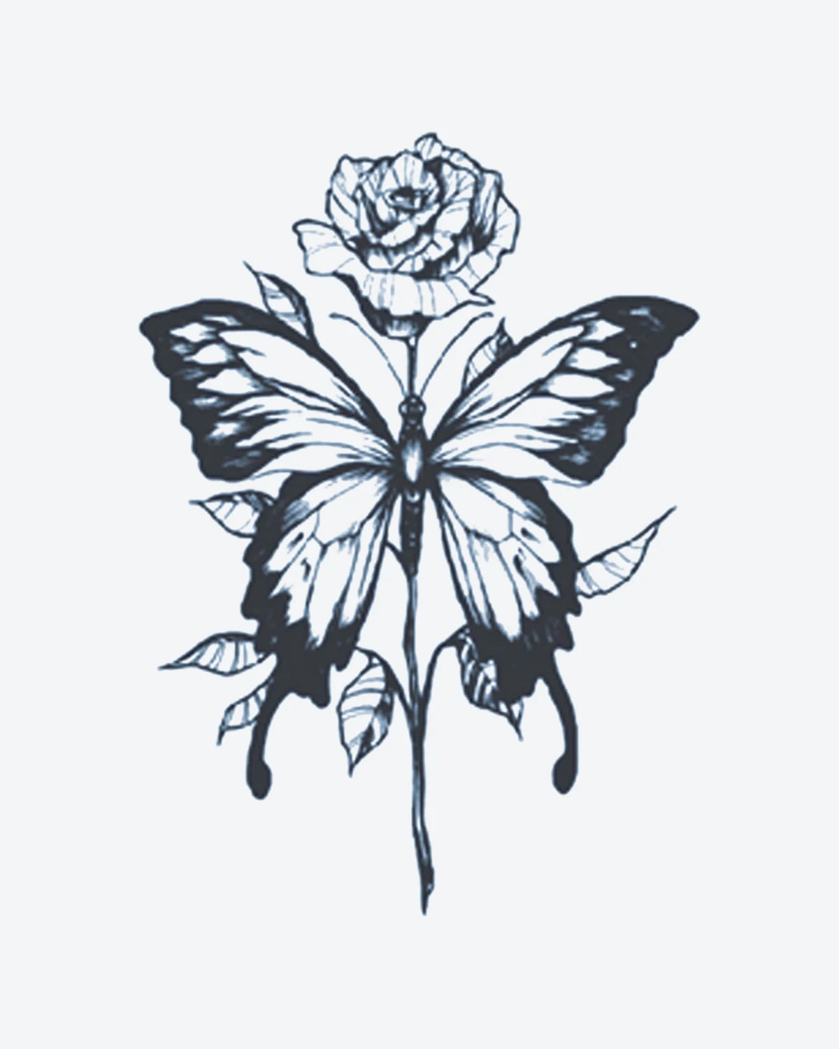 Flora Fly semi-permanent tattoo design by INKY – Fine Line, Rose, Leaves, Butterfly, Wings illustration, 3 x 4 in (7x10 cm), available at inkytatt.com