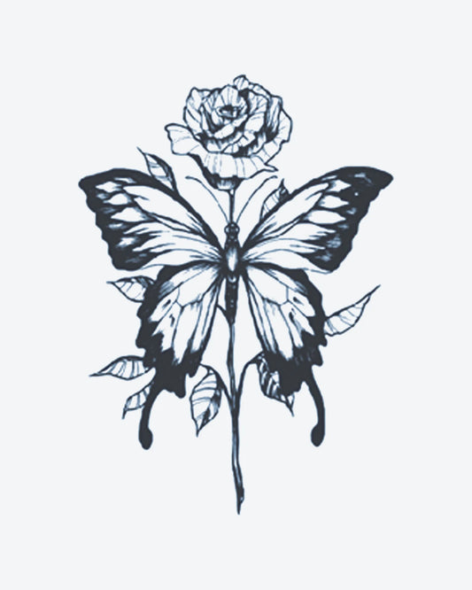 Flora Fly semi-permanent tattoo design by INKY – Fine Line, Rose, Leaves, Butterfly, Wings illustration, 3 x 4 in (7x10 cm), available at inkytatt.com