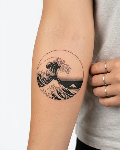 INKY Great Wave semi-permanent tattoo applied on a woman – 3 x 3 in (7x7 cm) design, realistic ink look, lasts 10 days